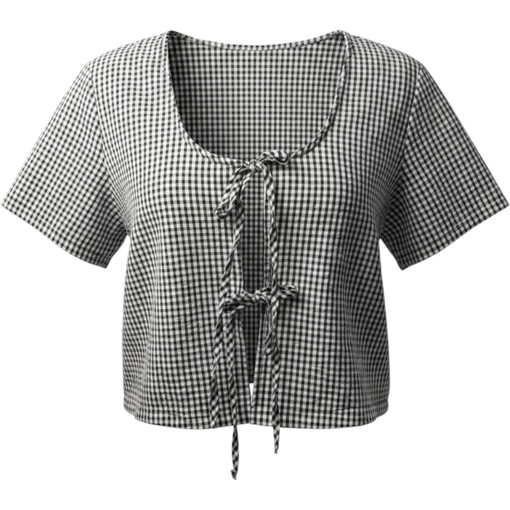New Look Gingham Crop Top Black White Double Front Tie Short Sleeve Large NWT